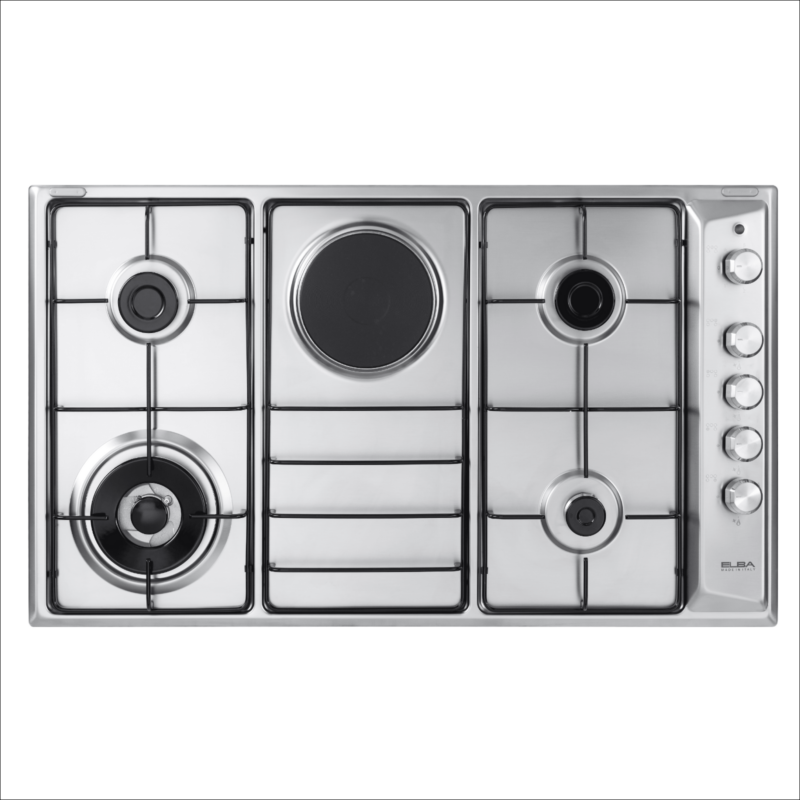4 gas burners, 1 Triple ring wok burner, 1 rapid hotplate with indicator light (E 90-410 X)